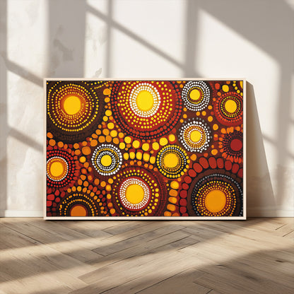 81120549-MGV-CV-36X24-Abstract Dot Painting Wall Art – Vibrant Tribal Boho Style Canvas Print with Sunburst Mandala Circles in Warm Red, Yellow, Orange
