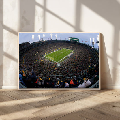 14387817-MGV-CV-36X24-Lambeau Field Stadium Wall Art – Green Bay Packers Game Day Canvas Print with Fireworks and Crowd – NFL Football Fan Man Cave
