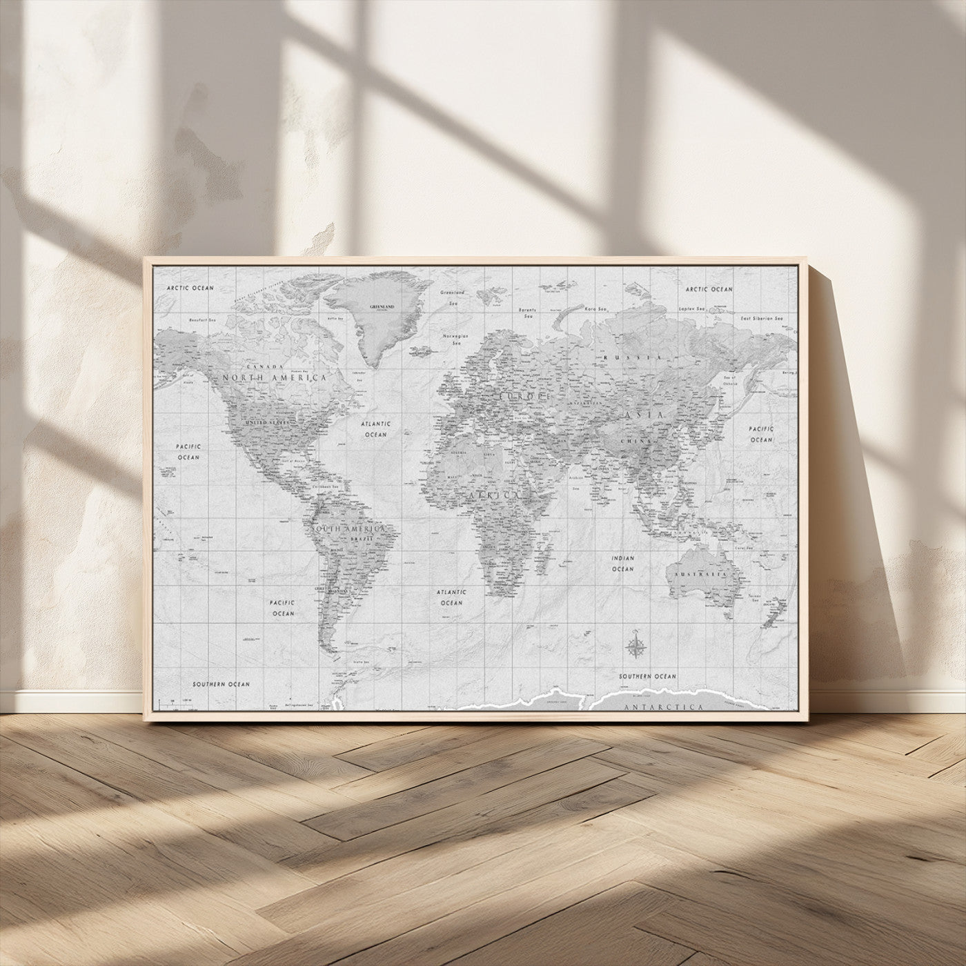 10516725-MGV-CV-36X24-Black and White World Map Wall Art – Minimalist Grayscale Canvas Print – Modern Detailed Travel Map Poster for Home, Office, or