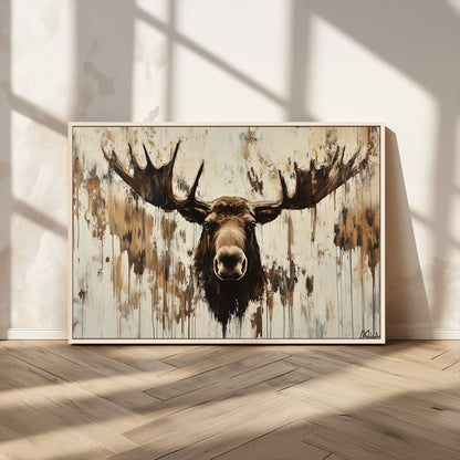 34496536-MGV-CV-36X24-Rustic Moose Wall Art – Modern Abstract Animal Canvas Print – Majestic Moose Head Painting with Neutral Earth Tones for Cabin,