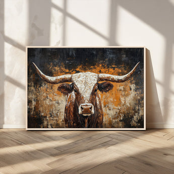 25265572-MGV-FC-36X24_Natural-Longhorn Bull Wall Art – Rustic Western Texas Steer Canvas Print, Textured Animal Painting for Home, Office, Man Cave or Farmhouse