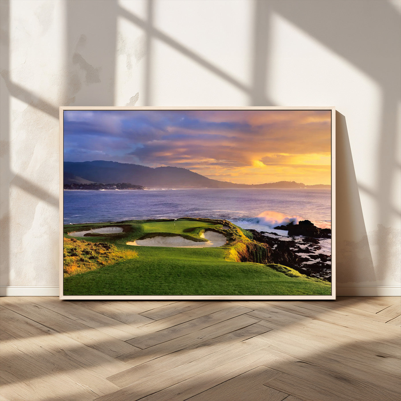 39644075-MGV-FC-36X24_Natural-Golf Course Wall Art – Coastal Sunset Canvas Print, Scenic Oceanfront Fairway Landscape Decor for Office, Man Cave, or Living Room