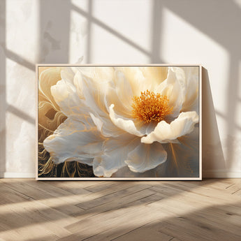 29539087-MGV-FC-36X24_Natural-Floral Wall Art – Elegant White and Gold Bloom Canvas Print, Romantic Modern Flower Artwork for Bedroom, Living Room, or Office