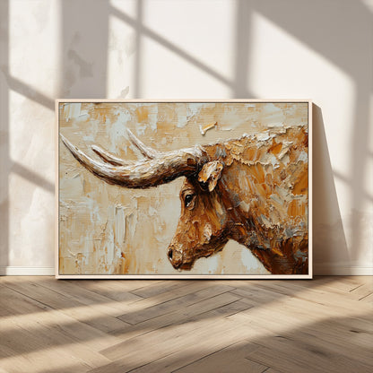 69611428-MGV-CV-36X24-Longhorn Bull Wall Art – Rustic Western Canvas Print, Textured Farmhouse Cattle Painting for Living Room, Office, or Ranch House