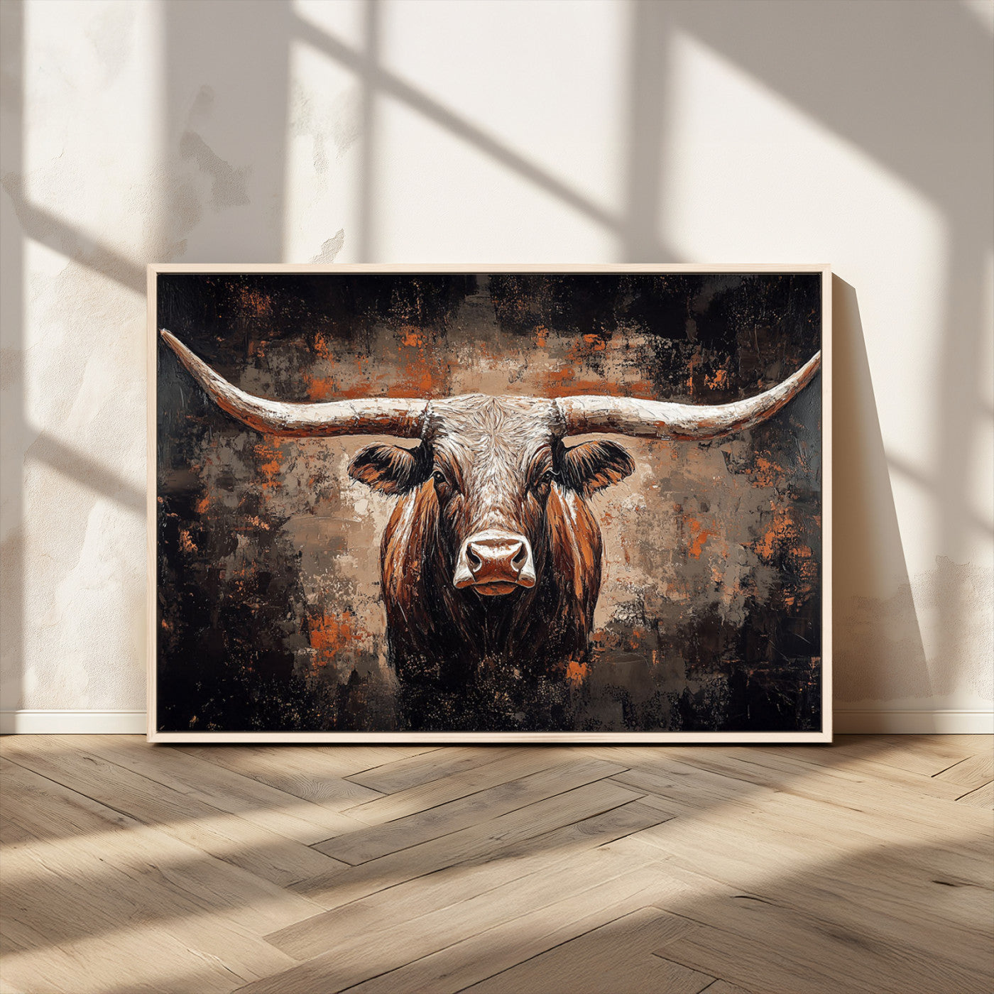 24779067-MGV-CV-36X24-Longhorn Bull Wall Art – Western Rustic Canvas Print, Bold Cowboy Cattle Painting for Ranch House, Farmhouse, Office, or Living