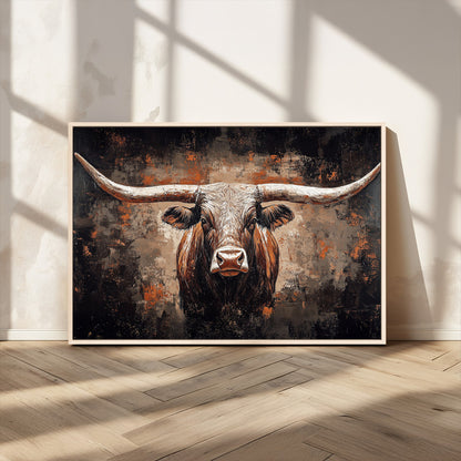 24779067-MGV-CV-36X24-Longhorn Bull Wall Art – Western Rustic Canvas Print, Bold Cowboy Cattle Painting for Ranch House, Farmhouse, Office, or Living