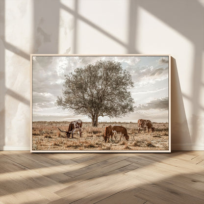 87590224-MGV-CV-36X24-Longhorn Cattle Wall Art – Rustic Western Landscape Canvas Print, Texas Farmhouse Prairie Scene for Living Room, Office, or Ranch