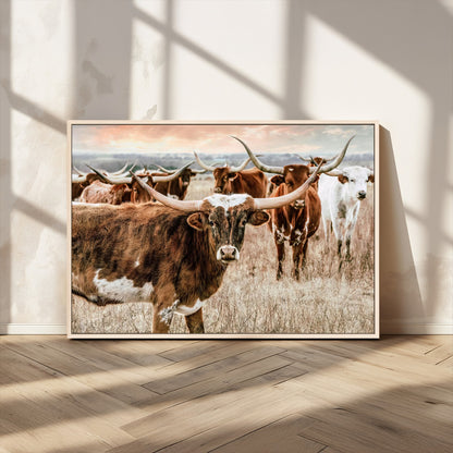 47758300-MGV-FC-36X24_Natural-Texas Longhorn Cattle Wall Art – Rustic Western Herd Canvas Print, Cowboy Ranch Farmhouse Decor for Living Room, Office, or
