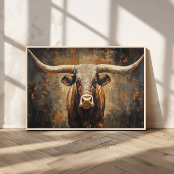 19204445-MGV-FC-36X24_Natural-Texas Longhorn Bull Wall Art – Rustic Western Canvas Print, Bold Cowboy Cattle Painting for Ranch House, Farmhouse, Office, or