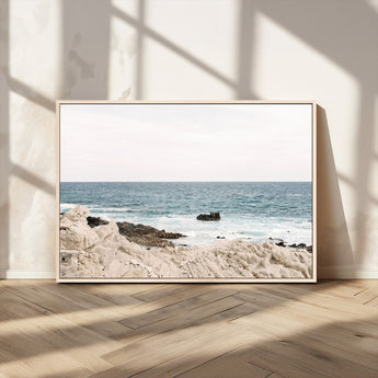 25481980-MGV-FC-36X24_Natural-Ocean Coastal Wall Art – Rocky Shoreline and Waves Canvas Print, Serene Beach Landscape Decor for Living Room, Bedroom, or Office