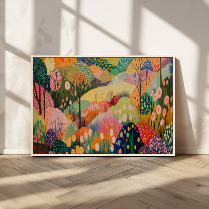 79636380-MGV-CV-36X24-Colorful Abstract Landscape Wall Art – Vibrant Hills and Flowers Canvas Print, Modern Whimsical Artwork for Living Room, Bedroom,