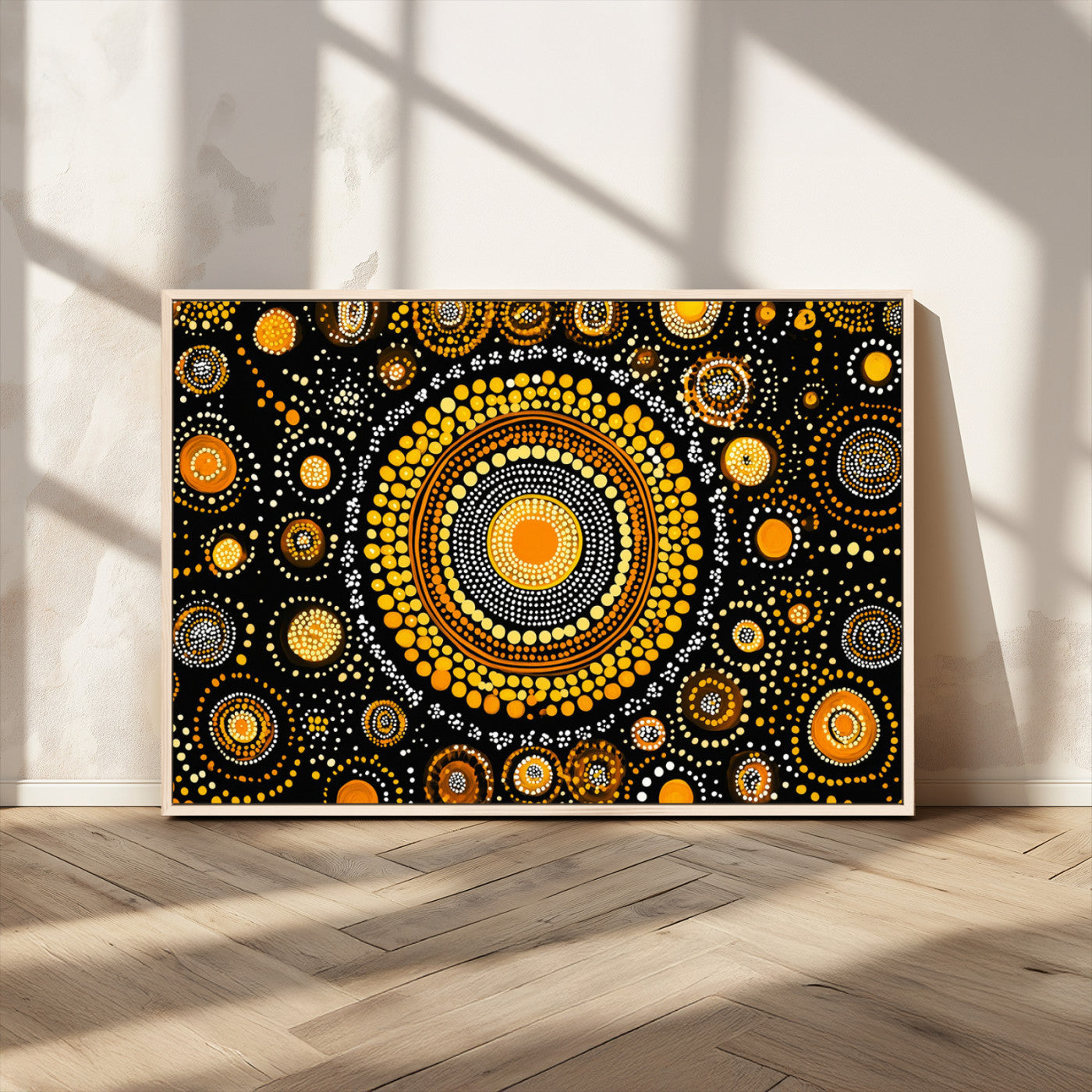 45478523-MGV-CV-36X24-Abstract Circle Wall Art – Bold Black and Gold Dot Painting Canvas Print, Modern Geometric Mandala Style Decor for Living Room or