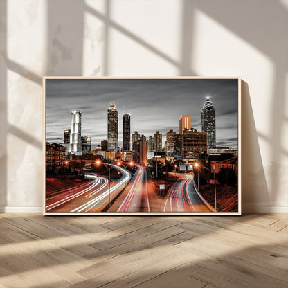 59097239-MGV-CV-36X24-City Skyline Wall Art – Modern Black and White Night Canvas Print with Red Light Trails, Urban Landscape Decor for Living Room or