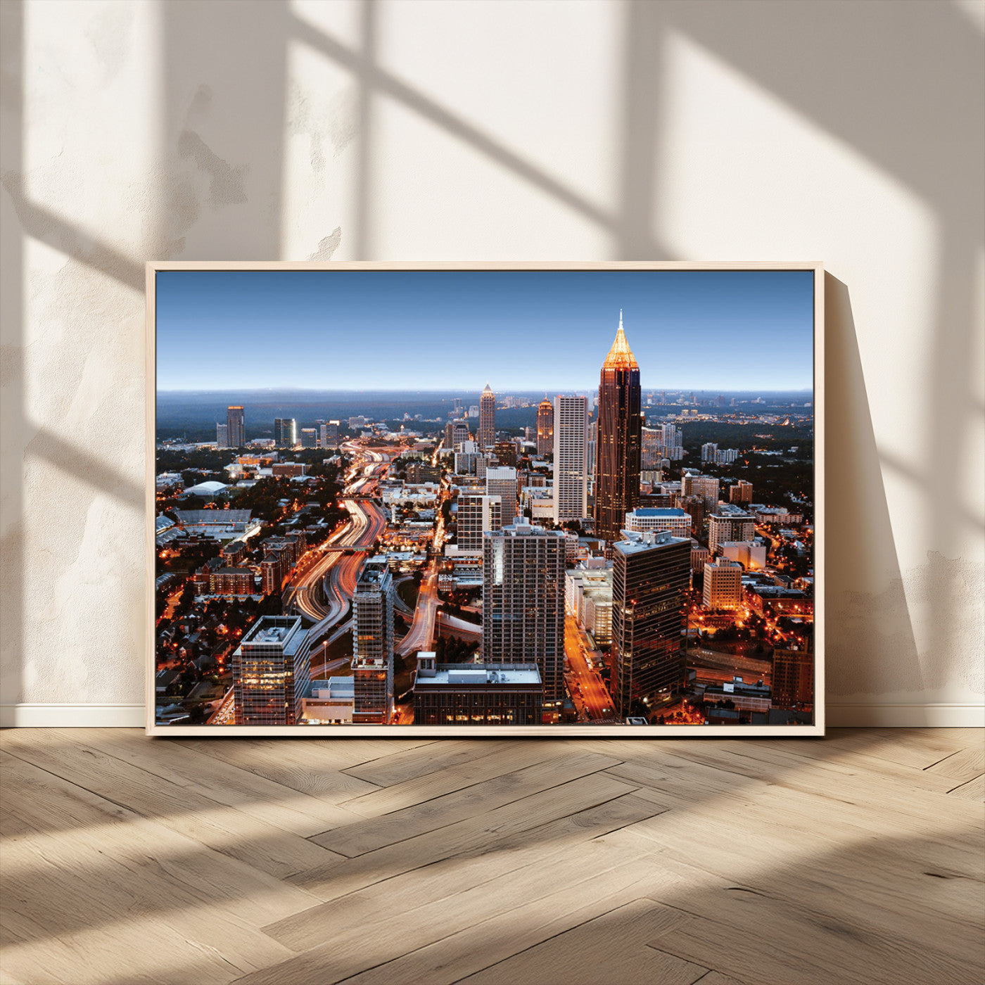 25096967-MGV-FC-36X24_Natural-Atlanta Skyline Wall Art – Vibrant Cityscape Canvas Print, Modern Night Lights Urban Decor for Office, Living Room, or Apartment