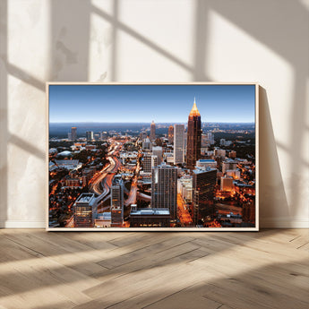 25096967-MGV-FC-36X24_Natural-Atlanta Skyline Wall Art – Vibrant Cityscape Canvas Print, Modern Night Lights Urban Decor for Office, Living Room, or Apartment