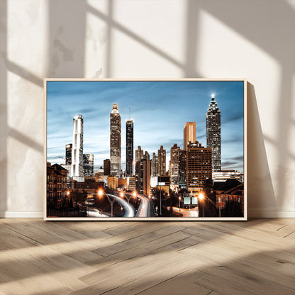 23859158-MGV-CV-36X24-Atlanta Skyline Wall Art – Modern Cityscape Canvas Print with Night Lights and Traffic Trails, Urban Decor for Office, Apartment,