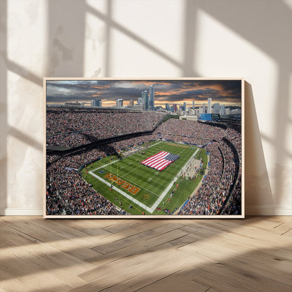 98106777-MGV-FC-36X24_Natural-Soldier Field Wall Art – Chicago Bears Stadium Canvas Print with American Flag, Game Day Football Decor for Man Cave, Bar, or