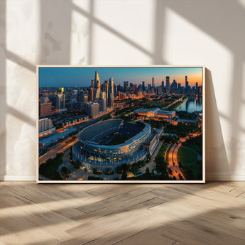 36690345-MGV-FC-36X24_Natural-Soldier Field Wall Art – Chicago Bears Stadium Aerial Night Canvas Print, City Skyline Football Decor for Living Room, Office, or