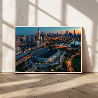 36690345-MGV-FC-36X24_Natural-Soldier Field Wall Art – Chicago Bears Stadium Aerial Night Canvas Print, City Skyline Football Decor for Living Room, Office, or