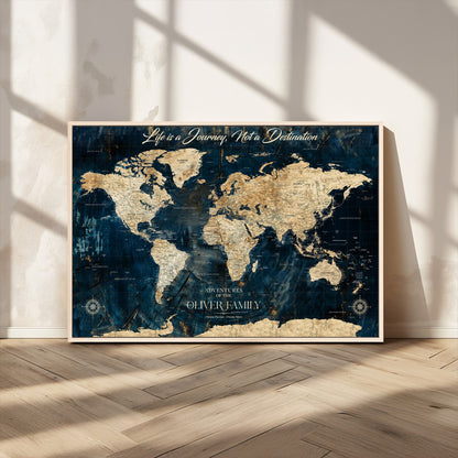 36970886-MGV-FC-36X24_Natural-Life is a Journey Not a Destination World Map Rustic Navy Beige Vintage Travel Wall Art Adventure Quote Canvas Print for Home