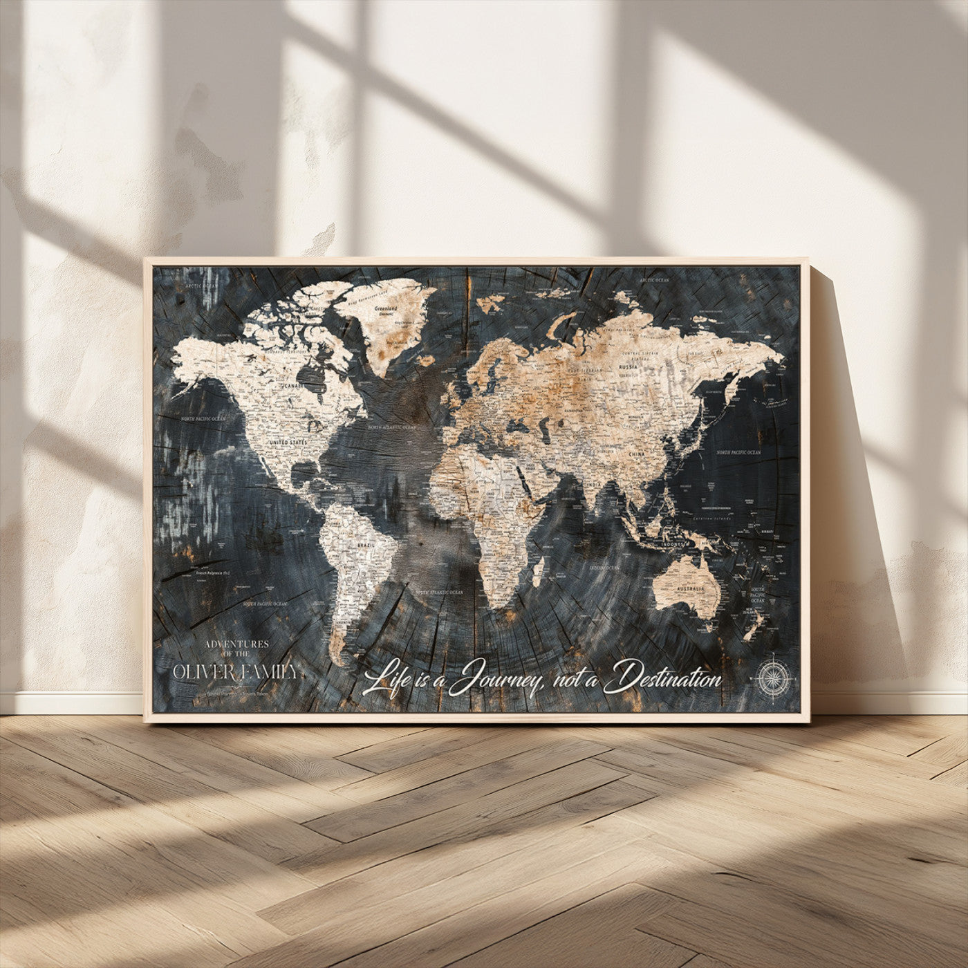 37848568-MGV-FC-36X24_Natural-Life is a Journey Not a Destination World Map Rustic Wood Texture Vintage Beige Navy Adventure Wall Art Canvas Print for Home