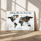 88337180-MGV-FC-36X24_Natural-Little by Little One Travels Far Tolkien Quote World Map Rustic Black Brown Adventure Wall Art Canvas Print for Home Office Living