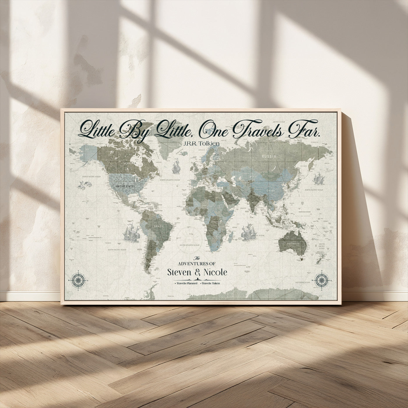 10693204-MGV-FC-36X24_Natural-Little By Little One Travels Far Tolkien Quote Blue Green World Map Adventure Wall Art Canvas Print Rustic Wanderlust Travel Decor