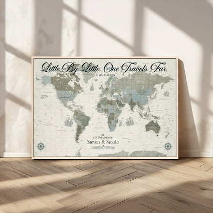 10693204-MGV-FC-36X24_Natural-Little By Little One Travels Far Tolkien Quote Blue Green World Map Adventure Wall Art Canvas Print Rustic Wanderlust Travel Decor
