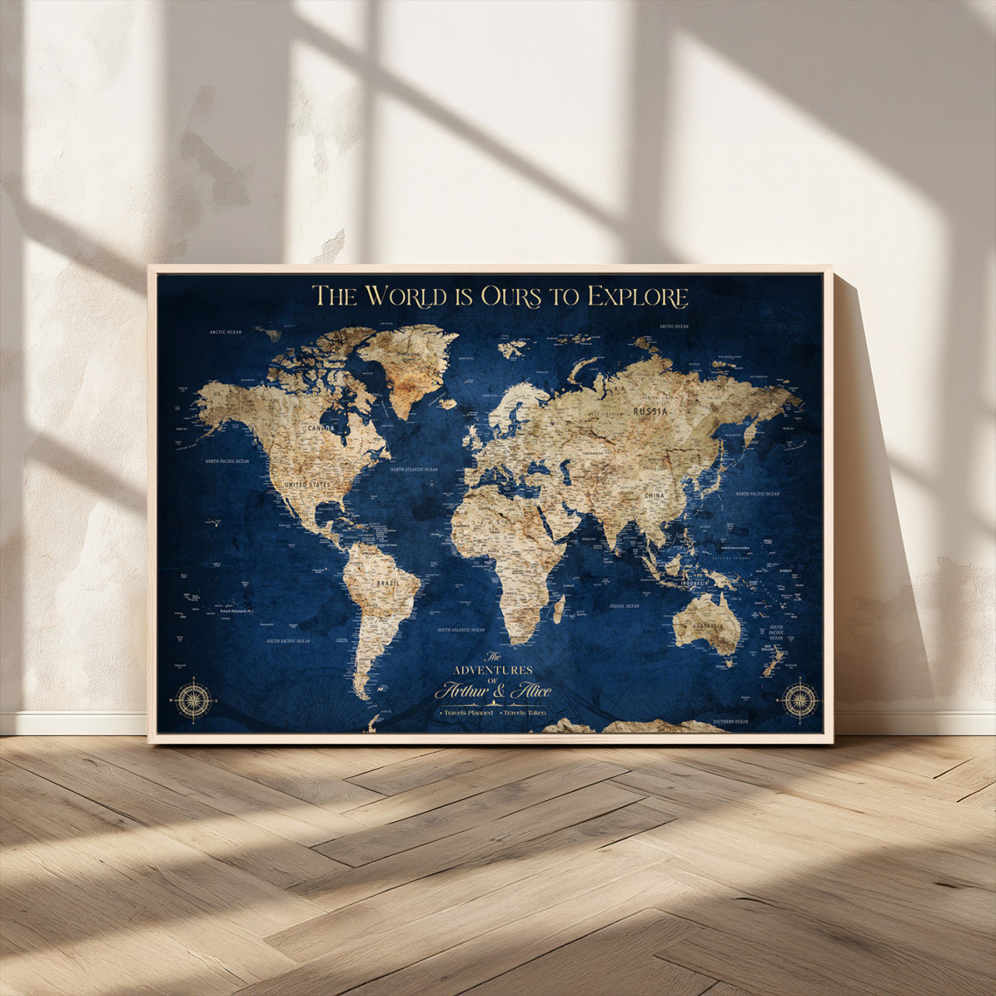 54782997-MGV-CV-36X24-The World is Ours to Explore Wall Art – Blue World Map Canvas Print, Adventure Travel Decor for Home, Office or Living Room,