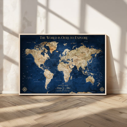 54782997-MGV-CV-36X24-The World is Ours to Explore Wall Art – Blue World Map Canvas Print, Adventure Travel Decor for Home, Office or Living Room,