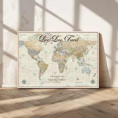 19479008-MGV-FC-36X24_Natural-Live Love Travel Wall Art – Detailed World Map Canvas Print, Adventure Decor for Living Room, Office or Bedroom, Travel Gift for