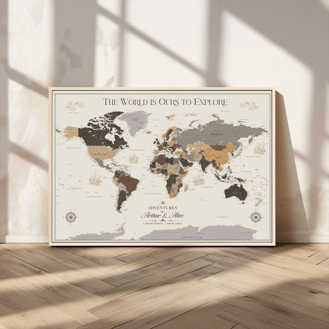 90024882-MGV-FC-36X24_Natural-The World is Ours to Explore Wall Art – Earth Tone World Map Canvas Print, Adventure Travel Decor for Living Room, Office or