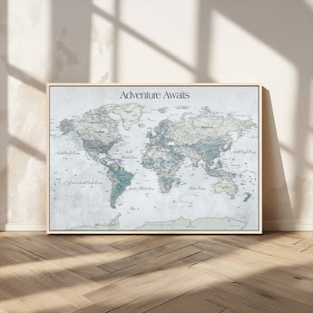 TEST111-MGV-FC-36X24_Natural-Personalized Adventure Awaits Push Pin World Map – Custom Framed Travel Tracker Canvas Wall Art for Home, Office