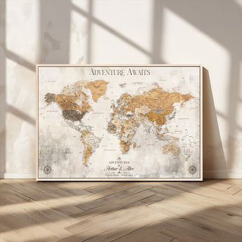 99422096-MGV-FC-36X24_Natural-Adventure Awaits World Map Wall Art – Neutral Beige Canvas Print, Modern Travel Inspired Wall Decor for Living Room, Bedroom or