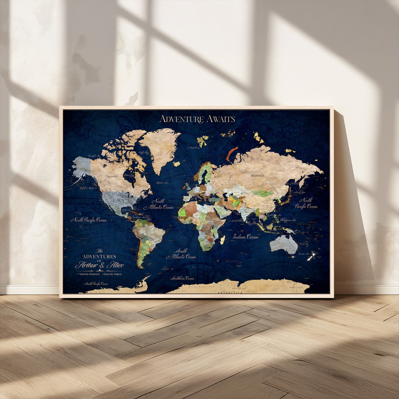 43160428-MGV-FC-36X24_Natural-Adventure Awaits Navy Blue World Map – Vibrant Travel Canvas Wall Art, Antique Atlas Print, Wanderlust Decor for Home Office