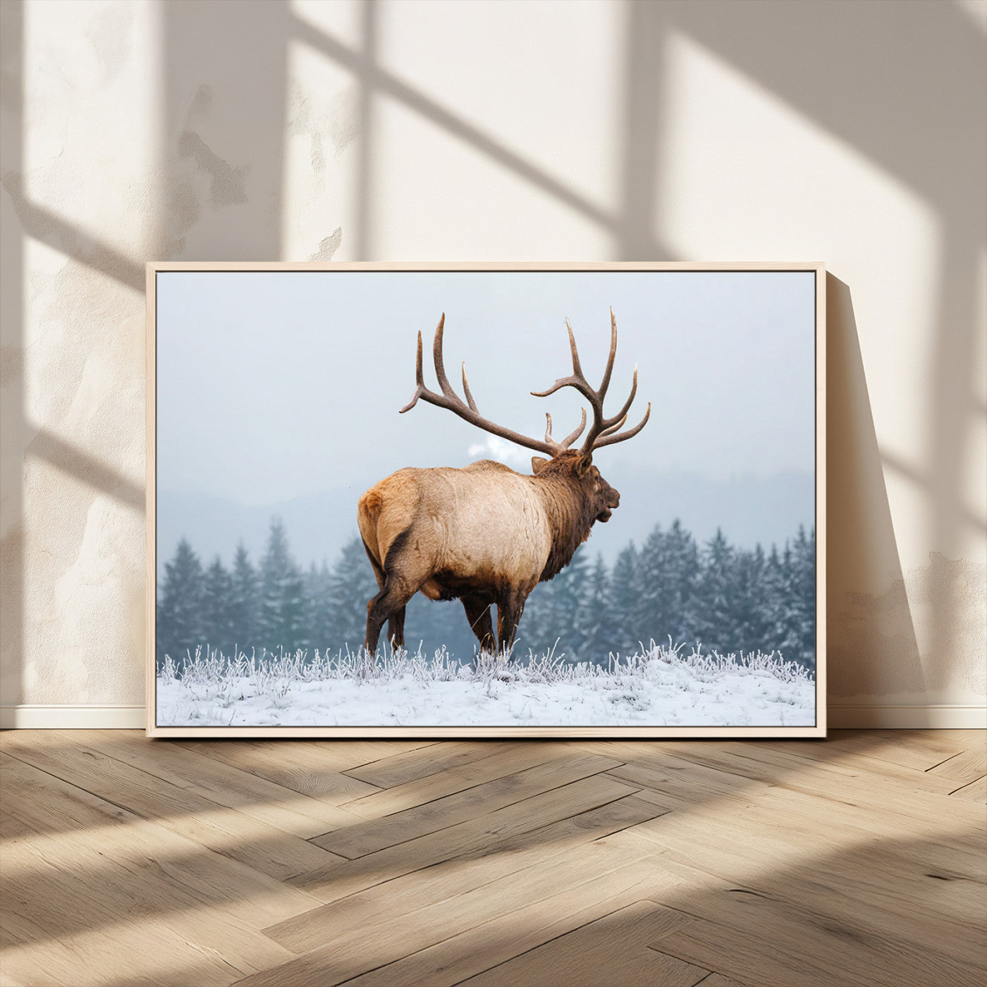 85177251-MGV-FC-36X24_Natural-Elk Wall Art – Majestic Wildlife Canvas Print of Bull Elk Snowy Forest, Rustic Nature Decor for Living Room, Cabin, or Office