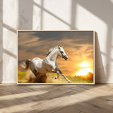 44295212-MGV-FC-36X24_Natural-Horse Wall Art – Running White Stallion Canvas Print with Sunset Background, Western Wildlife Decor for Living Room, Office, or