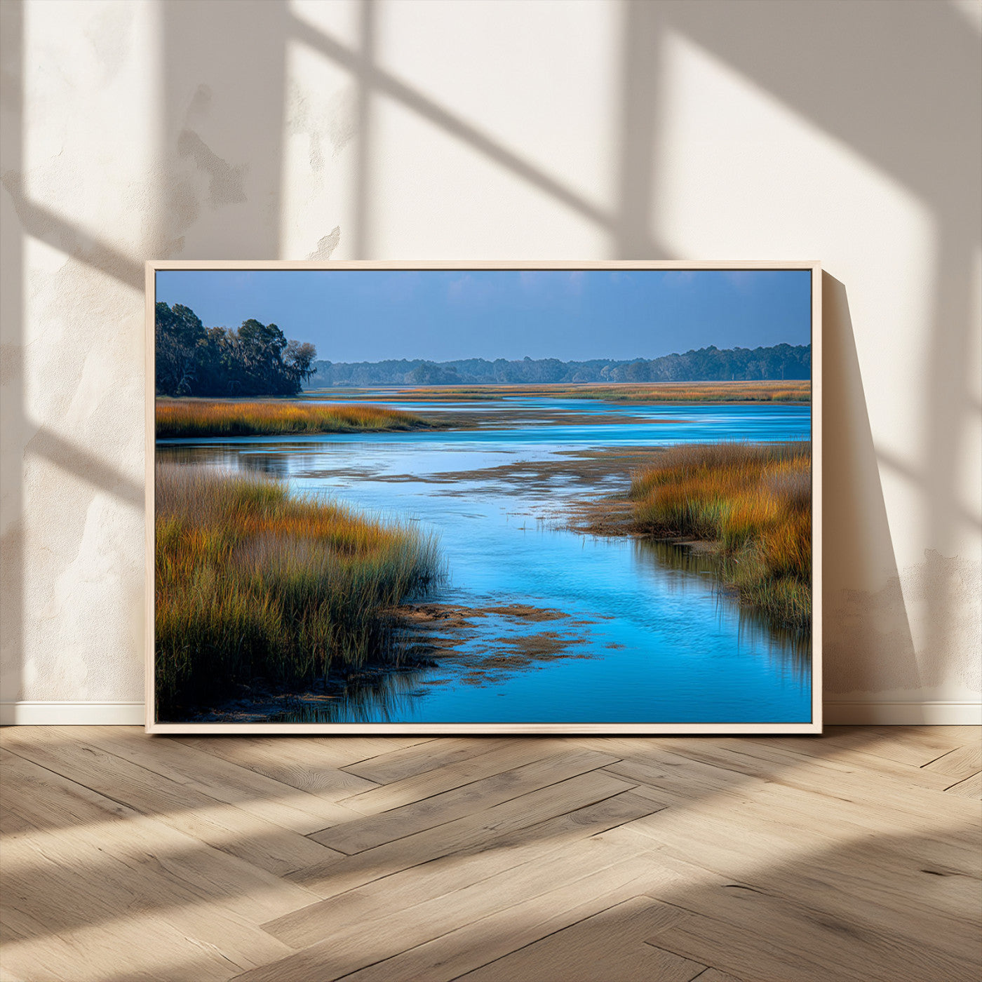 26300004-MGV-CV-36X24-Tranquil Marshland Canvas Wall Art – Blue Water, Reflective Sky, Golden Grasses, Calm Nature Landscape, Scenic Outdoor Beauty for