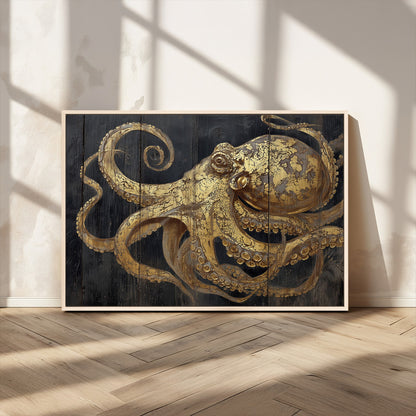 47056538-MGV-CV-36X24-Octopus Canvas Wall Art – Gold Detail, Wooden Texture, Marine Life, Ocean Creature Tentacles, Nautical Coastal Rustic Decor for