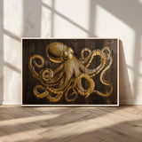 56769669-MGV-FC-36X24_Natural-Octopus Wall Art – Gold Nautical Canvas Print with Rustic Wood Panel Design, Detailed Marine Artwork for Coastal Ocean Decoration