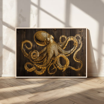 56769669-MGV-FC-36X24_Natural-Octopus Wall Art – Gold Nautical Canvas Print with Rustic Wood Panel Design, Detailed Marine Artwork for Coastal Ocean Decoration