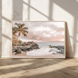 18005328-MGV-FC-36X24_Natural-Tropical Beach Wall Art – Coastal Ocean Canvas Print with Palm Tree, Sunset Sky and Rocky Shore, Serene Seascape Photography for