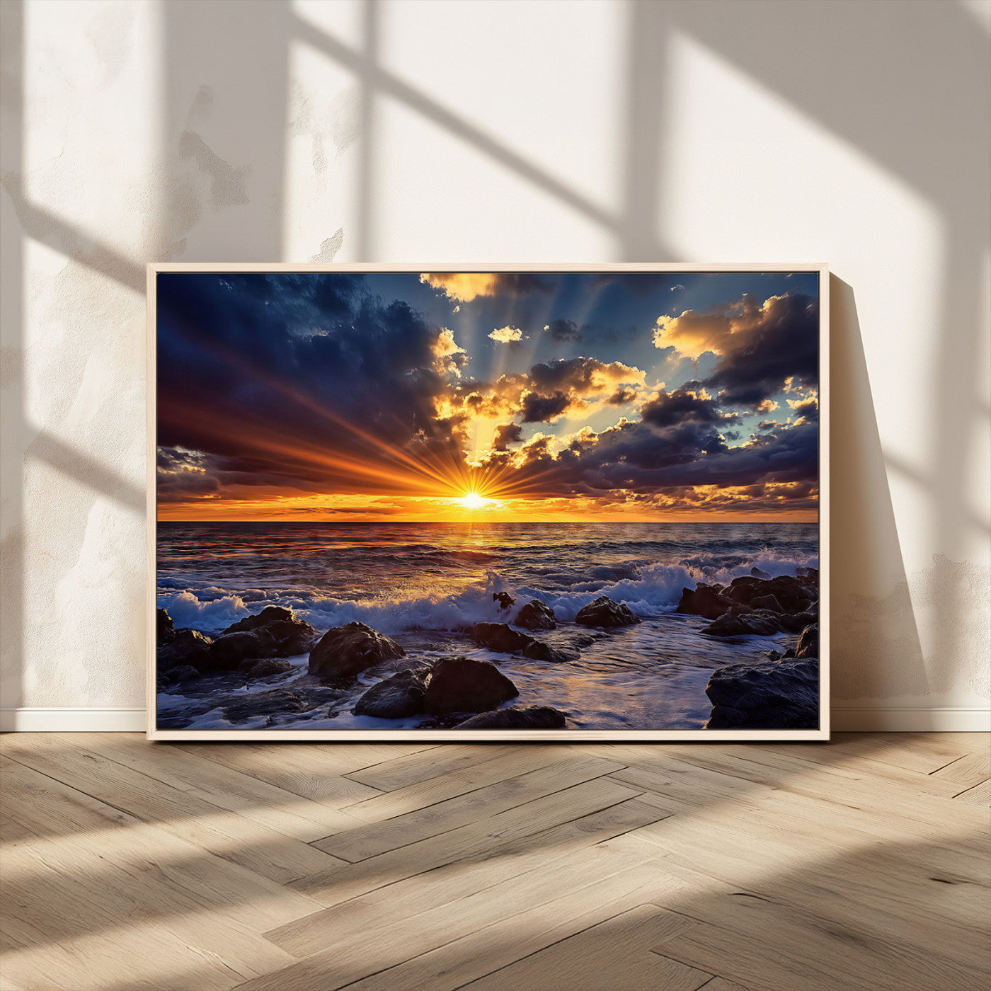 35900590-MGV-CV-36X24-Sunset Ocean Waves Canvas Wall Art – Rocky Shore, Dramatic Sky, Golden Sun Rays, Coastal Beauty, Serene Water Motion for Living
