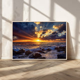 35900590-MGV-FC-36X24_Natural-Ocean Sunset Wall Art – Vivid Seascape Canvas Print with Sunburst Sky, Crashing Waves and Rocky Shore, Dramatic Coastal