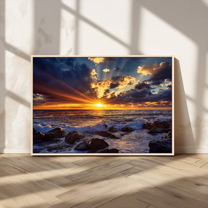 35900590-MGV-FC-36X24_Natural-Ocean Sunset Wall Art – Vivid Seascape Canvas Print with Sunburst Sky, Crashing Waves and Rocky Shore, Dramatic Coastal