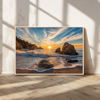85659923-MGV-CV-36X24-Rocky Ocean Sunset Canvas Wall Art – Seaside Dramatic Seascape Print, Coastal Modern Decor, Ocean Sunset Art for Living Room or