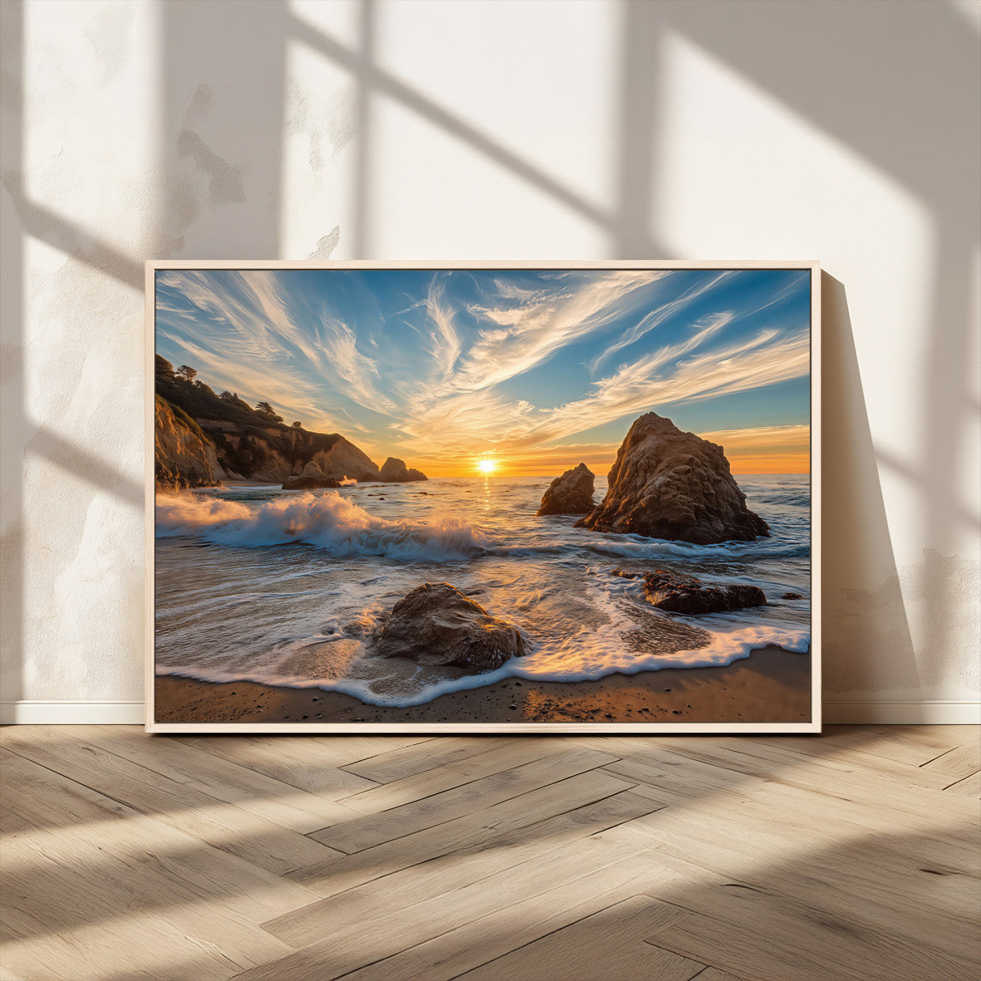 85659923-MGV-CV-36X24-Ocean Sunset Wall Art – Dramatic Seascape Canvas Print with Cliffs, Crashing Waves and Golden Sky, Bold Coastal Photography for