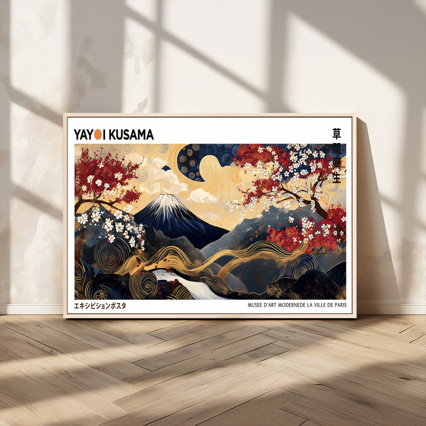 28945903-MGV-CV-36X24-Yayoi Kusama Inspired Japanese Art Canvas Print – Framed Floral & Mt. Fuji Wall Decor, Modern Asian Style Canvas for Home, Office,