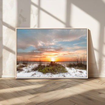 58266230-MGV-FC-36X24_Natural-Beach Sunset Wall Art – Coastal Canvas Print with Sandy Dunes, Sea Grass and Golden Sky, Serene Ocean Landscape Photography for