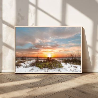 58266230-MGV-FC-36X24_Natural-Beach Sunset Wall Art – Coastal Canvas Print with Sandy Dunes, Sea Grass and Golden Sky, Serene Ocean Landscape Photography for